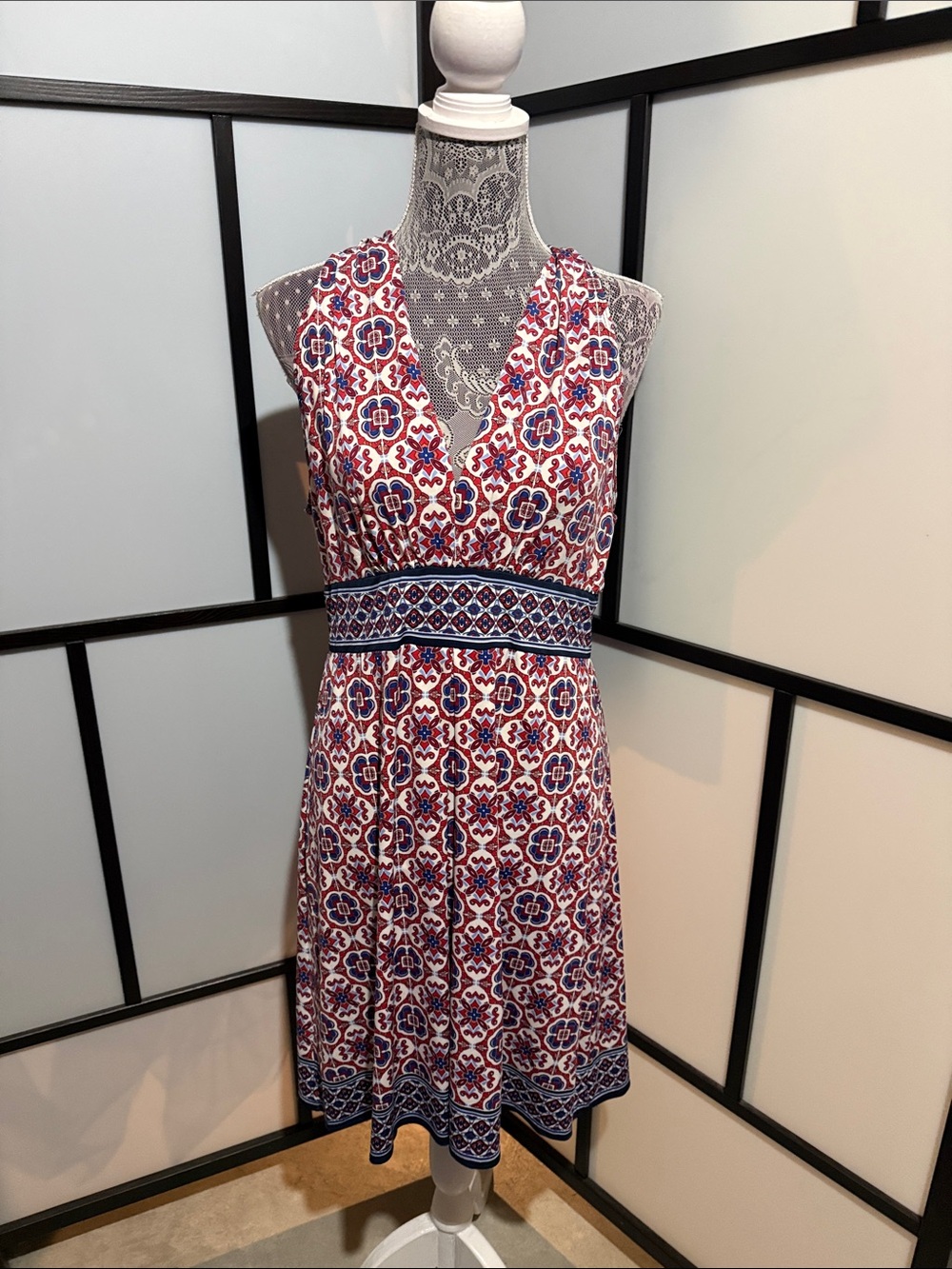 Max Studio Sleeveless V-Neck Mini Dress in Red, Blue & White Tile Print